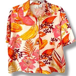 C&C California Size M Short Sleeve Button Down Tropical Linen Blend Shirt NWOT
